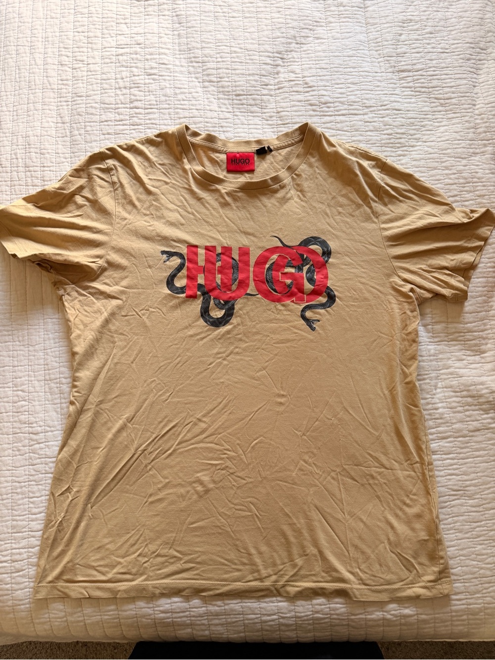 Hugo Boss Tan Short-Sleeve Tee with Red Logo and Black Snake Graphic